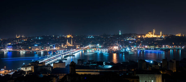 ISTANBUL, TURKEY - SEPTEMBER 2, 2017: Panoramic view of Golden Horn from Galata Tower. Galata Bridge, Eminonu, Blue Mosque and Hagia Sophia. Istanbul, Turkey.