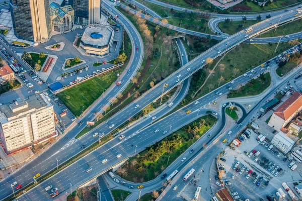 Traffic and highway road from air in Istanbul, Turkey. Istanbul aerial view.