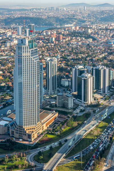 ISTANBUL, TURKEY - JANUARY 9, 2016: Aerial view of the city downtown and skyscrapers. Skyscrapers and modern office buildings at Levent District. With Bosphorus background. Istanbul, Turkey.