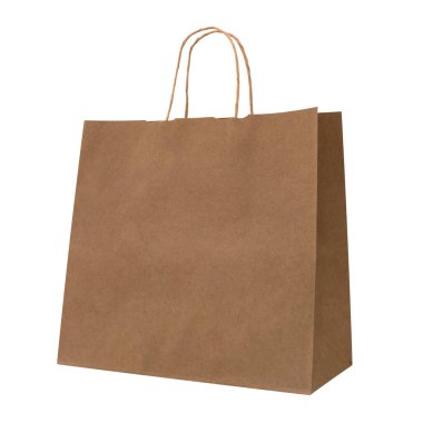 Beyaz arka planda izole edilmiş bir kese kağıdı. Beyaz arkaplanda geri dönüştürülmüş kağıt alışveriş torbası.