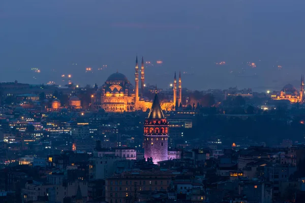 Widok Stambuł Wieża Galata Meczet Suleymaniye Nocy Stambule Turcja — Zdjęcie stockowe