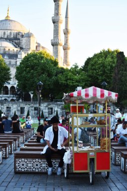 İSTANBUL, TURKEY - 8 Temmuz 2017: Sultanahmet Meydanı, İstanbul, Türkiye 'de geleneksel susamlı simit satıcı.