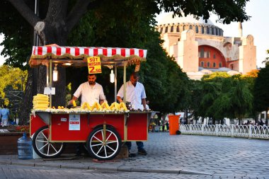 İSTANBUL, TURKEY - 8 Temmuz 2017: Sultanahmet Meydanı, İstanbul, Türkiye 'de mısır satıcısı.