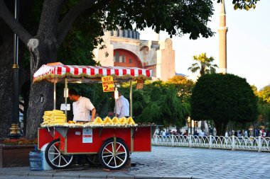 İSTANBUL, TURKEY - 8 Temmuz 2017: Sultanahmet Meydanı, İstanbul, Türkiye 'de mısır satıcısı.