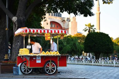 İSTANBUL, TURKEY - 8 Temmuz 2017: Sultanahmet Meydanı, İstanbul, Türkiye 'de mısır satıcısı.