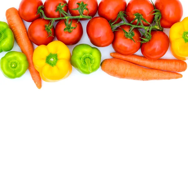 Organic Fresh Vegetables Background Tomatoes Carrot Green Bell Pepper Yellow — Stock Photo, Image