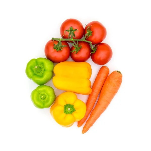 Organic Fresh Vegetables Background Tomatoes Carrot Green Bell Pepper Yellow — Stock Photo, Image