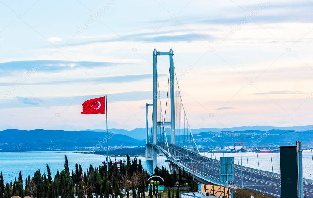 Osman Gazi Bridge (Izmit Bay Bridge). IZMIT, KOCAELI, TURKEY. Longest bridge in Turkey and the fourth-longest suspension bridge in the world by the length of its central span.