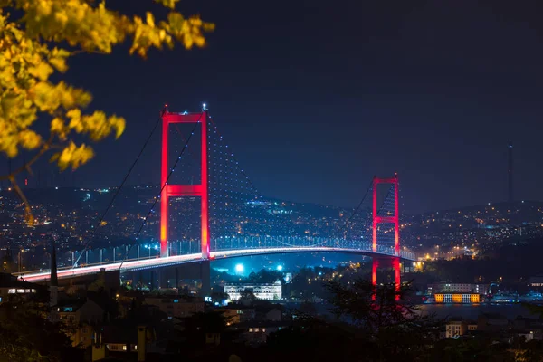 Istanbul Bosphorus Bridge Notte Luglio Ponte Dei Martiri Temmuz Sehitler — Foto Stock