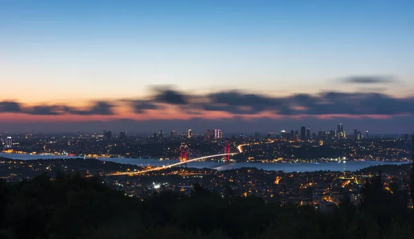 Istanbul Bosphorus Bridge at night. 15th July Martyrs Bridge. Night view from Camlica Hill. Istanbul, Turkey.