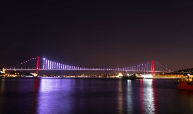 İstanbul, Türkiye 'de 15 Temmuz Şehitler Köprüsü (Türkçe: 15 Temmuz Sehitler Koprusu) mavi gökyüzü. İstanbul Boğazı Köprüsü.