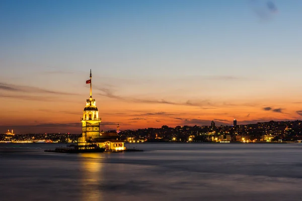 Romantic Istanbul Sunset Landscape. Istanbul Bosphorus and Maiden\'s Tower view with beautiful blue romantic sky. Istanbul, Turkey.