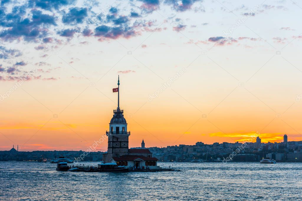 Maiden's Tower with sunset sky in Istanbul, Turkey (KIZ KULESI - USKUDAR)