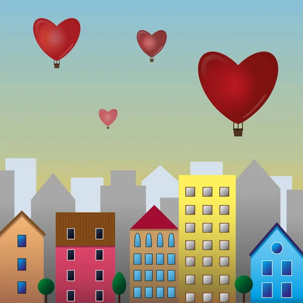 Case residenziali di design piatto con palloncini nel cielo. Illustrazione vettoriale città romantica — Vettoriale Stock