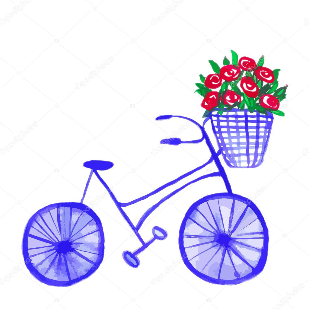 Hand drawn bicycle with flowers in basket.Vintage vector illustration