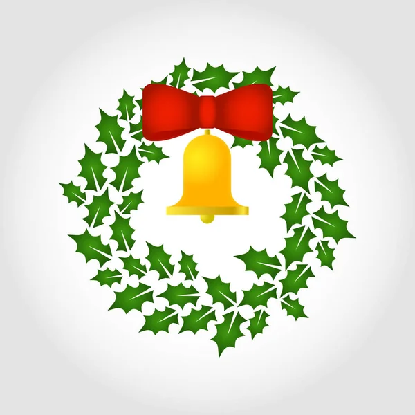 Ghirlanda di Chistmass con campana d'oro e fiocco rosso. Illustrazione vettoriale — Vettoriale Stock