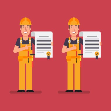 Oluşturucu sözleşme işaret ve başparmak ortaya sahiptir. Çalışan insanlar. Vektör çizim.