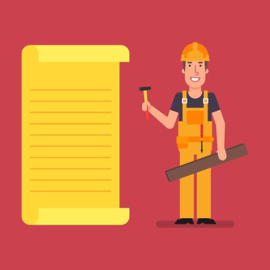 Oluşturucu standları kağıt list yakınındaki çekiç ve ahşap tahta tutar. Çalışan insanlar. Vektör çizim.