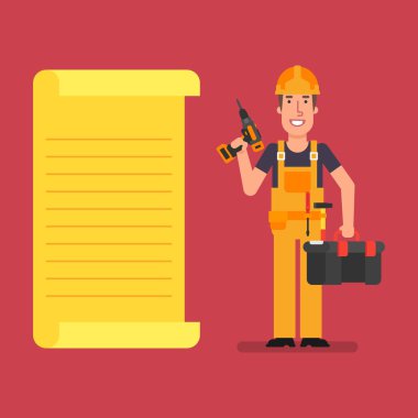 Oluşturucu standları kağıt list yakınındaki tornavida ve bavul aracı ile tutar. Çalışan insanlar. Vektör çizim.