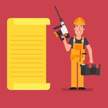 Oluşturucu standları kağıt list yakınındaki perforator ve bavul aracı ile tutar. Çalışan insanlar. Vektör çizim.