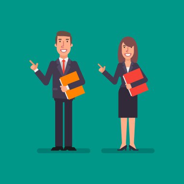 İş kadını ve klasör ve noktası parmak tutan işadamı. İş kavramı. Vektör çizim.