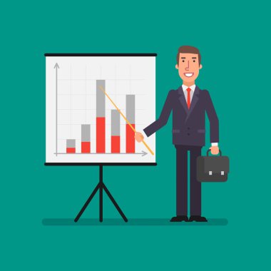 Bavul tutan işadamı flip chart grafikler ile yakın duruyor ve işaretçi tutar. İş kavramı. Vektör çizim.