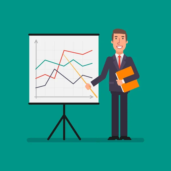 Businessman Holding Suitcase Stands Flip Chart Charts Holds Pointer