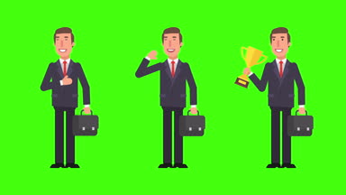 İşadamı sallanan el selamlıyor. Gold Kupası tutar. Bavul tutar. Yeşil arka plan. Hareketli grafikler. Animasyon Video.
