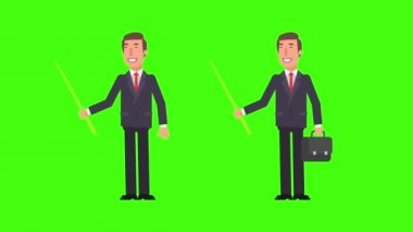 İşadamı holding tanıtıcısı ve işaret. Bavul tutar. Yeşil arka plan. Hareketli grafikler. Animasyon Video.