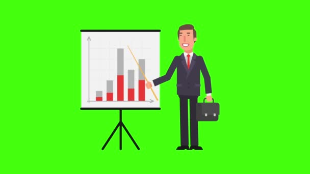 Businessman Holding Pointer Pointing Flip Chart Holds Suitcase Green Background — Stock Video