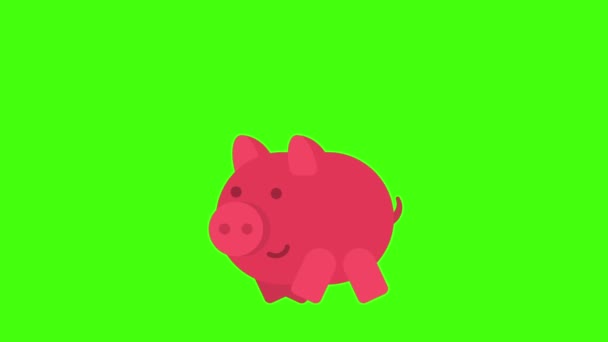 Piggy Bank Runs Stops Coins Falling Green Background Motion Graphics — Stock Video