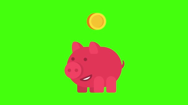 Piggy Bank Glimlachend Munten Het Vallen Groene Achtergrond Bewegende Beelden — Stockvideo