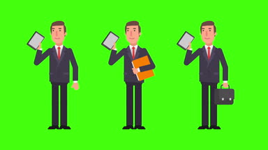 Tablet klasör ve bavul holding iş adamı. Alfa kanalı. Hareketli grafikler. Animasyon video.