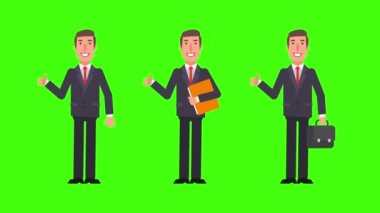 İşadamı başparmak tutarak klasörü ve bavul kadar göster. Alfa kanalı. Hareketli grafikler. Animasyon video.