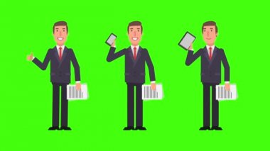 İşadamı holding belgeleri tablet ve başparmak gösterilen telefon. Yeşil arka plan. Hareketli grafikler. Animasyon video.