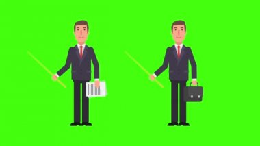 İşaretçi belge ve bavul holding iş adamı. Yeşil arka plan. Hareketli grafikler. Animasyon video.