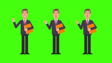 Klasör tutan işadamı puan ve el sallayarak gösterir. Yeşil arka plan. Hareketli grafikler. Animasyon video.