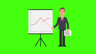 Flip grafik işaretçi belgeleri holding ayakta iş adamı. Yeşil arka plan. Hareketli grafikler. Animasyon video.