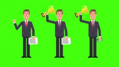 İşadamı flip grafik işaretçi bavul holding ayakta görünür. Alfa kanalı. Hareketli grafikler. Animasyon video.