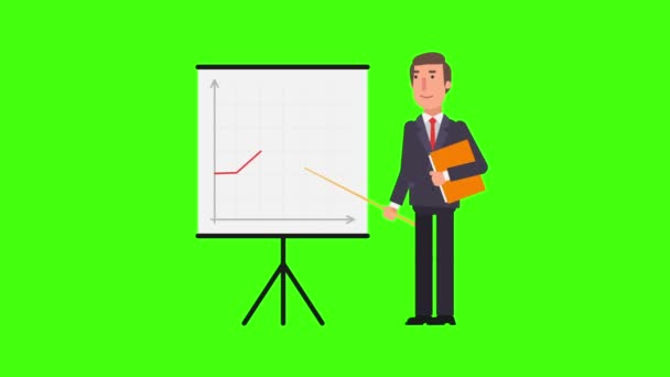 Podnikatel Jde Ukazatele Hospodářství Flipchartem Složky Zelené Pozadí Motion Grafika — Stock video