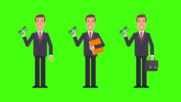 Geschäftsmann Mit Geldmappe Und Koffer Grüner Hintergrund Bewegungsgrafik Animationsvideo — Stockvideo