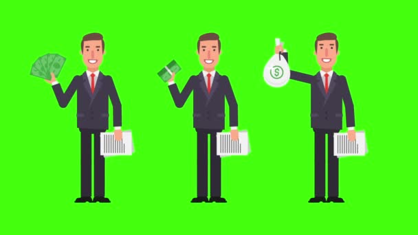 Businessman Holding Money Documents Alpha Channel Green Background Animation Video — Stock Video