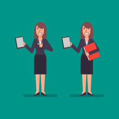 İş kadını klasör ve gülümseyen tablet tutar tutar. İş adamları. Vektör çizim.