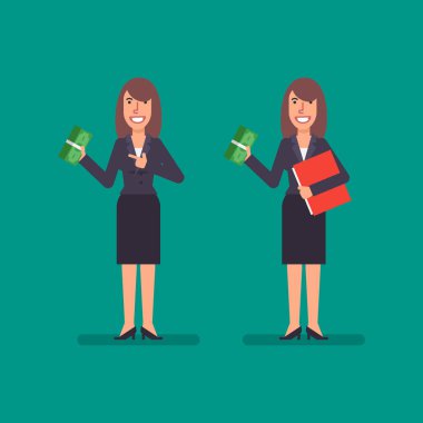 İş kadını klasör ve gülümseyen paket para tutar tutar. İş adamları. Vektör çizim.