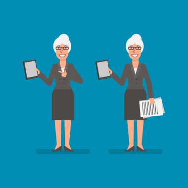 Eski iş kadını belgelerine ve gülümseyen tablet tutar tutar. İş adamları. Vektör çizim.