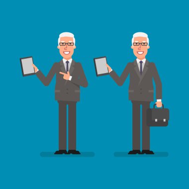 Eski işadamı bavul ve gülümseyen tablet tutar tutar. İş adamları. Vektör çizim.