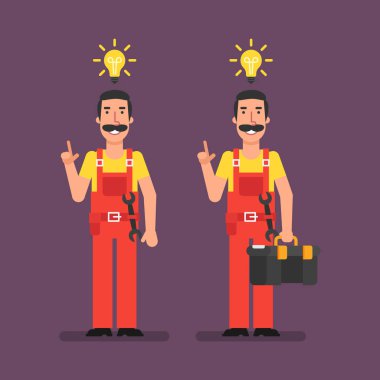 Tesisatçı bavul tutarak ve gülümseyen bir fikir geldi. Vektör çizim.