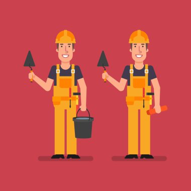 Oluşturucu mala kova tuğla ve gülümsüyor tutar tutar tutar. Vektör çizim.