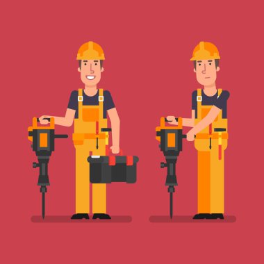 Oluşturucu jackhammer bavul ve gülümsüyor tutar tutar. Vektör çizim.