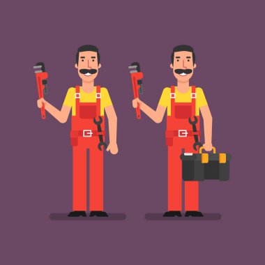 Tesisatçı bavul ve gülümseyen beyinameliyatı tutar tutar. Vektör çizim.